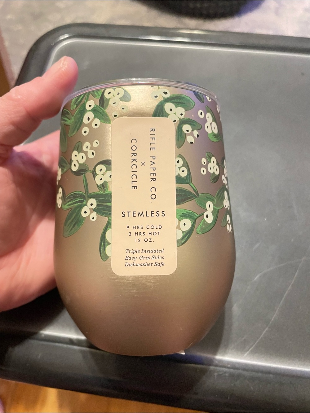 Corkcicle Stemless Tumbler in Green with White Berry Floral